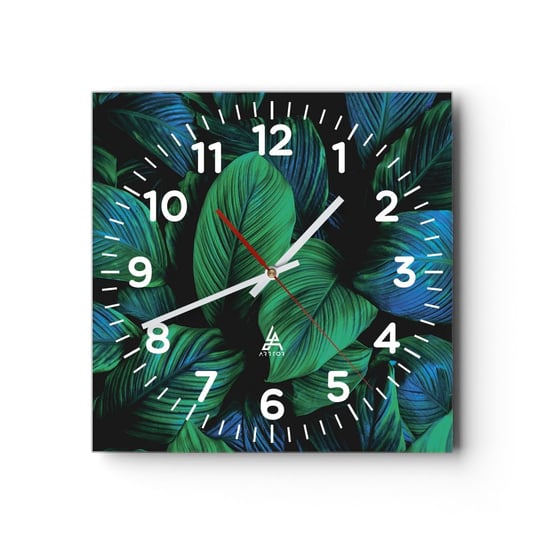Zegar ścienny - W zielonym tłumie - 40x40cm - Zielone Liście Roślina Tropikalna Natura - Kwadratowy zegar szklany - Nowoczeny Stylowy Zegar do salonu do kuchni - Cichy i Modny zegar ARTTOR