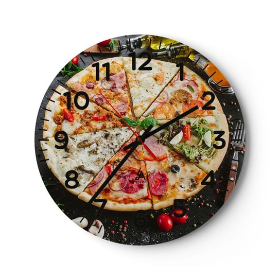 Zegar ścienny - Wachlarz smaków - 40x40cm - Gastronomia Pizza Włochy - Okrągły zegar szklany - Nowoczeny Stylowy Zegar do salonu do kuchni - Cichy i Modny zegar ARTTOR