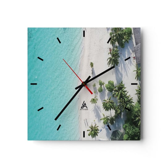 Zegar ścienny - Wakacje w raju - 30x30cm - Krajobraz Rajska Plaża Malediwy - Kwadratowy zegar na szkle - Nowoczeny Stylowy Zegar do salonu do kuchni - Cichy i Modny zegar ARTTOR