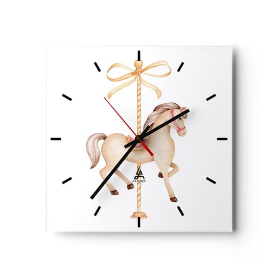 Zegar ścienny - Wdzięcznym kłusem - 30x30cm - Koń Karuzela Dziewczęcy - Kwadratowy zegar na szkle - Nowoczeny Stylowy Zegar do salonu do kuchni - Cichy i Modny zegar ARTTOR