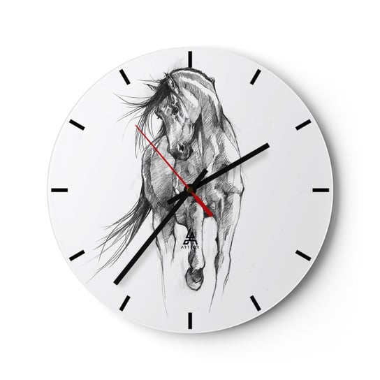 Zegar ścienny - We wdzięcznym kłusie - 30x30cm - Koń Grafika Zwierzęta - Okrągły zegar na szkle - Nowoczeny Stylowy Zegar do salonu do kuchni - Cichy i Modny zegar ARTTOR