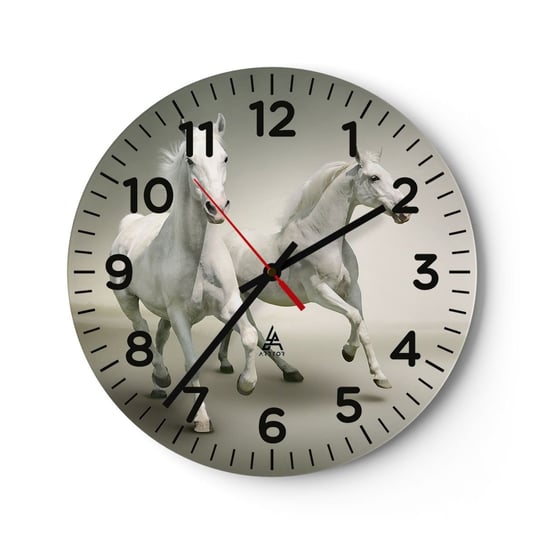 Zegar ścienny - White power! - 40x40cm - Zwierzęta Konie Natura - Okrągły zegar szklany - Nowoczeny Stylowy Zegar do salonu do kuchni - Cichy i Modny zegar ARTTOR