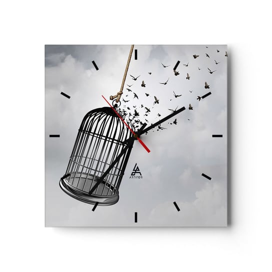Zegar ścienny - Wiara...Nadzieja...Wolność! - 30x30cm - Abstrakcja Ptaki Sztuka - Kwadratowy zegar na szkle - Nowoczeny Stylowy Zegar do salonu do kuchni - Cichy i Modny zegar ARTTOR