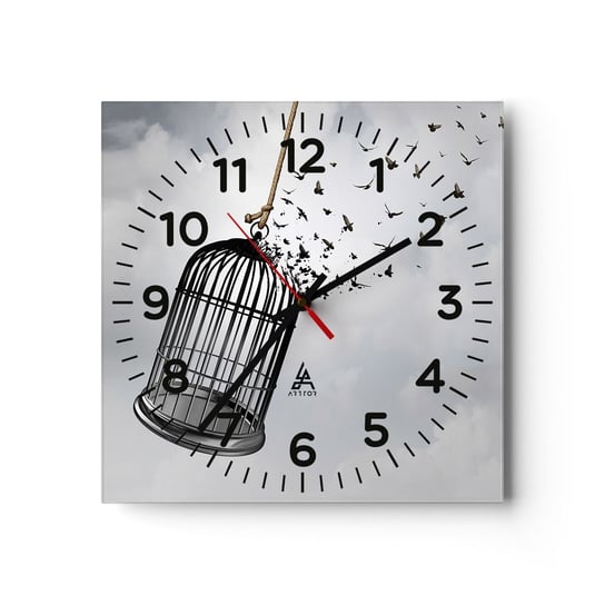 Zegar ścienny - Wiara...Nadzieja...Wolność! - 40x40cm - Abstrakcja Ptaki Sztuka - Kwadratowy zegar szklany - Nowoczeny Stylowy Zegar do salonu do kuchni - Cichy i Modny zegar ARTTOR