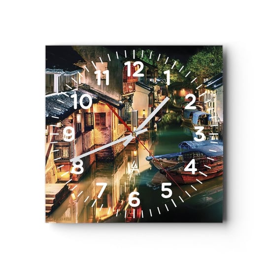 Zegar ścienny - Wieczór na chińskiej ulicy - 40x40cm - Krajobraz Miasto Azja - Kwadratowy zegar szklany - Nowoczeny Stylowy Zegar do salonu do kuchni - Cichy i Modny zegar ARTTOR