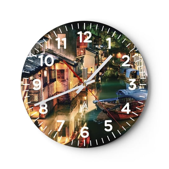 Zegar ścienny - Wieczór na chińskiej ulicy - 40x40cm - Krajobraz Miasto Azja - Okrągły zegar szklany - Nowoczeny Stylowy Zegar do salonu do kuchni - Cichy i Modny zegar ARTTOR