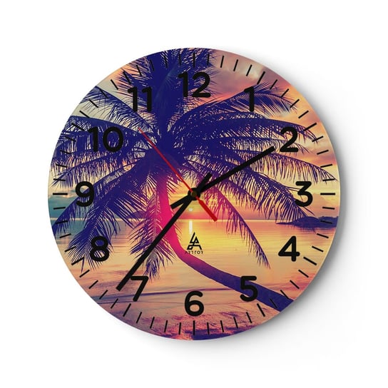 Zegar ścienny - Wieczór pod palmami - 40x40cm - Krajobraz Palma Kokosowa Morze - Okrągły zegar szklany - Nowoczeny Stylowy Zegar do salonu do kuchni - Cichy i Modny zegar ARTTOR