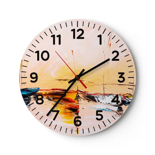 Zegar ścienny - Wieczór w przystani - 30x30cm - Łódki Żaglówki Sztuka - Okrągły zegar ścienny - Nowoczeny Stylowy Zegar do salonu do kuchni - Cichy i Modny zegar ARTTOR