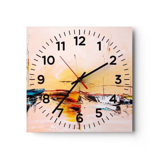 Zegar ścienny - Wieczór w przystani - 40x40cm - Łódki Żaglówki Sztuka - Kwadratowy zegar szklany - Nowoczeny Stylowy Zegar do salonu do kuchni - Cichy i Modny zegar ARTTOR