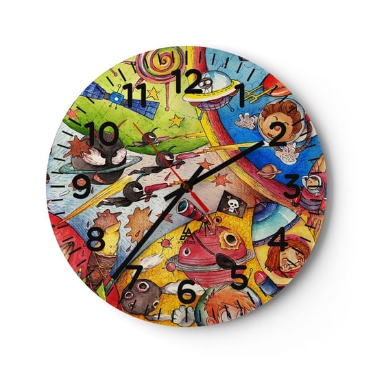 Zegar ścienny - Wielka kosmiczna przygoda - 40x40cm - Dla Dzieci Grafika Dzieci - Okrągły zegar szklany - Nowoczeny Stylowy Zegar do salonu do kuchni - Cichy i Modny zegar ARTTOR
