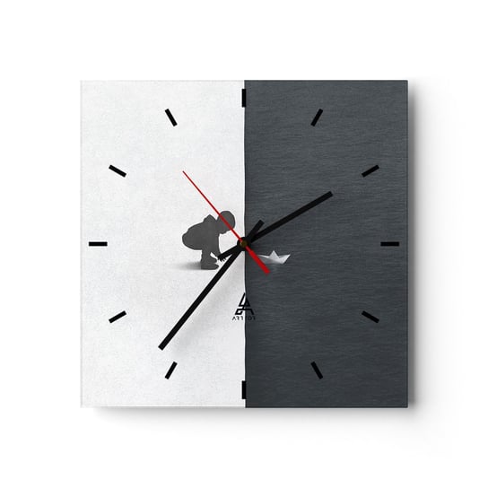 Zegar ścienny - Wielka wyprawa - 30x30cm - Dziecko Czarno-Biały Woda - Kwadratowy zegar na szkle - Nowoczeny Stylowy Zegar do salonu do kuchni - Cichy i Modny zegar ARTTOR