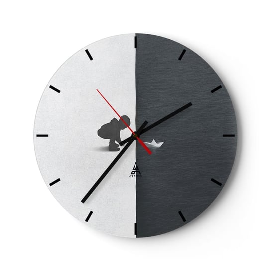 Zegar ścienny - Wielka wyprawa - 30x30cm - Dziecko Czarno-Biały Woda - Okrągły zegar na szkle - Nowoczeny Stylowy Zegar do salonu do kuchni - Cichy i Modny zegar ARTTOR