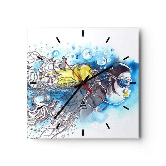 Zegar ścienny - Wielki błękit - 30x30cm - Nurkowanie Ryba Sport - Kwadratowy zegar na szkle - Nowoczeny Stylowy Zegar do salonu do kuchni - Cichy i Modny zegar ARTTOR
