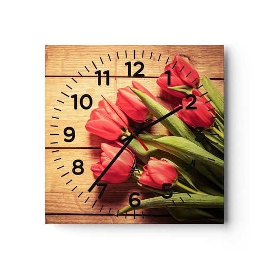 Zegar ścienny - Wiosenne wyznanie - 40x40cm - Kwiaty Tulipany Bukiet Kwiatów - Kwadratowy zegar szklany - Nowoczeny Stylowy Zegar do salonu do kuchni - Cichy i Modny zegar ARTTOR