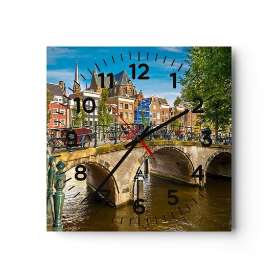 Zegar ścienny - Wiosna nad kanałem - 40x40cm - Miasto Amsterdam Architektura - Kwadratowy zegar szklany - Nowoczeny Stylowy Zegar do salonu do kuchni - Cichy i Modny zegar ARTTOR