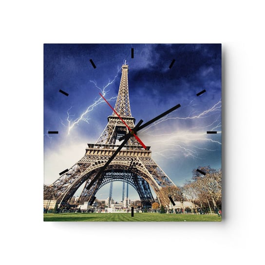 Zegar ścienny - Władczyni burz - 30x30cm - Miasto Paryż Wieża Eiffla - Kwadratowy zegar na szkle - Nowoczeny Stylowy Zegar do salonu do kuchni - Cichy i Modny zegar ARTTOR