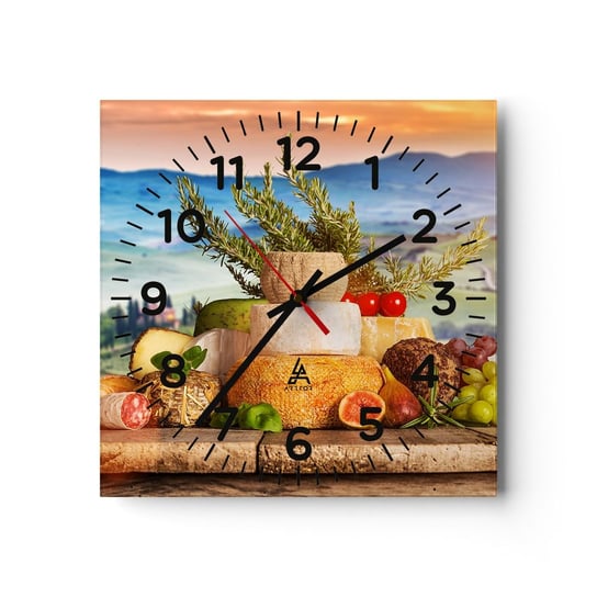 Zegar ścienny - Włoska radość życia - 30x30cm - Toskania Krajobraz Pyszne Sery - Kwadratowy zegar ścienny - Nowoczeny Stylowy Zegar do salonu do kuchni - Cichy i Modny zegar ARTTOR
