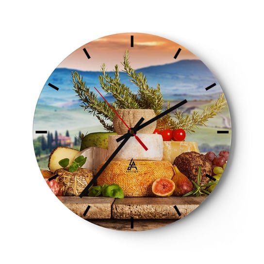 Zegar ścienny - Włoska radość życia - 30x30cm - Toskania Krajobraz Pyszne Sery - Okrągły zegar na szkle - Nowoczeny Stylowy Zegar do salonu do kuchni - Cichy i Modny zegar ARTTOR