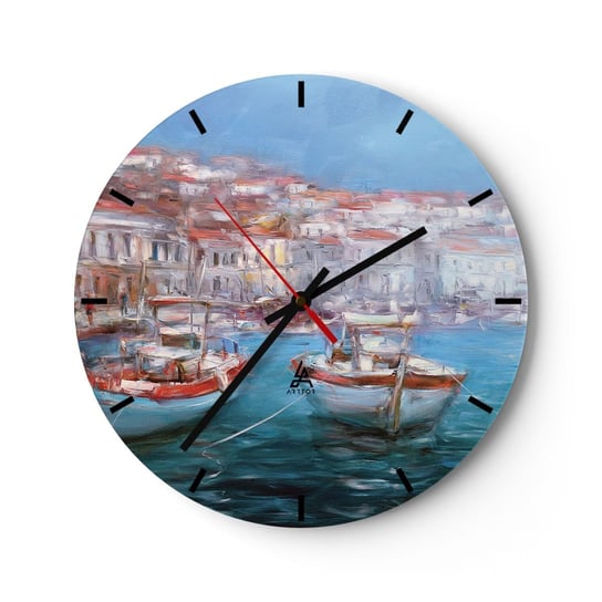 Zegar ścienny - Włoska zatoka - 30x30cm - Miasto Portowe Architektura Grecja - Okrągły zegar na szkle - Nowoczeny Stylowy Zegar do salonu do kuchni - Cichy i Modny zegar ARTTOR