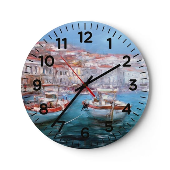Zegar ścienny - Włoska zatoka - 30x30cm - Miasto Portowe Architektura Grecja - Okrągły zegar ścienny - Nowoczeny Stylowy Zegar do salonu do kuchni - Cichy i Modny zegar ARTTOR