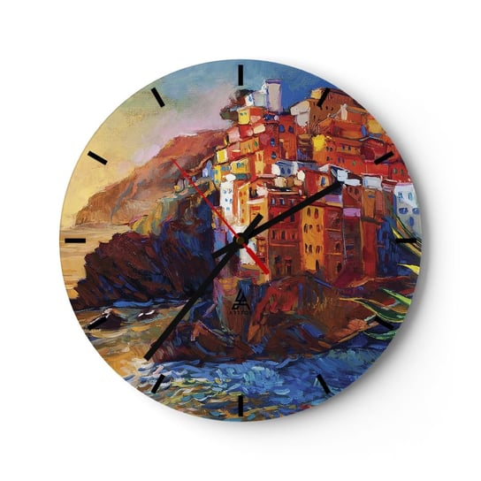 Zegar ścienny - Włoskie klimaty - 30x30cm - Krajobraz Architektura Morskie Wybrzeże - Okrągły zegar na szkle - Nowoczeny Stylowy Zegar do salonu do kuchni - Cichy i Modny zegar ARTTOR