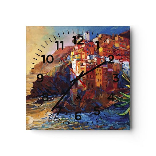 Zegar ścienny - Włoskie klimaty - 40x40cm - Krajobraz Architektura Morskie Wybrzeże - Kwadratowy zegar szklany - Nowoczeny Stylowy Zegar do salonu do kuchni - Cichy i Modny zegar ARTTOR