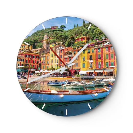 Zegar ścienny - Włoskie przedpołudnie - 30x30cm - Architektura Portofino Włochy - Okrągły zegar na szkle - Nowoczeny Stylowy Zegar do salonu do kuchni - Cichy i Modny zegar ARTTOR
