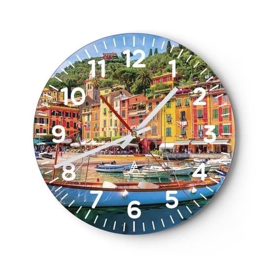 Zegar ścienny - Włoskie przedpołudnie - 30x30cm - Architektura Portofino Włochy - Okrągły zegar ścienny - Nowoczeny Stylowy Zegar do salonu do kuchni - Cichy i Modny zegar ARTTOR