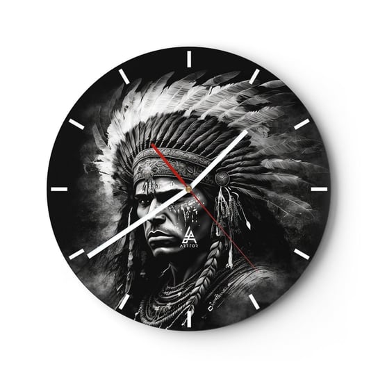Zegar ścienny - Wódz i wojownik - 30x30cm - Indianin Plemiona Etniczny - Okrągły zegar na szkle - Nowoczeny Stylowy Zegar do salonu do kuchni - Cichy i Modny zegar ARTTOR