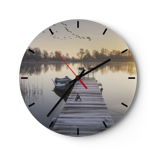 Zegar ścienny - Wrócę za jakiś czas - 30x30cm - Krajobraz Jezioro Drewniany Pomost - Okrągły zegar na szkle - Nowoczeny Stylowy Zegar do salonu do kuchni - Cichy i Modny zegar ARTTOR