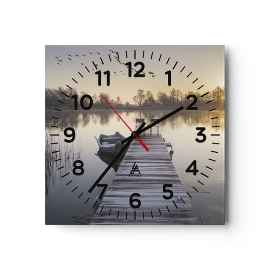 Zegar ścienny - Wrócę za jakiś czas - 40x40cm - Krajobraz Jezioro Drewniany Pomost - Kwadratowy zegar szklany - Nowoczeny Stylowy Zegar do salonu do kuchni - Cichy i Modny zegar ARTTOR