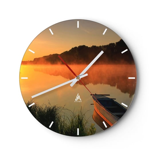 Zegar ścienny - Wschód słońca nad wodą jak tafla lustra - 30x30cm - Krajobraz Jezioro Poranek - Okrągły zegar na szkle - Nowoczeny Stylowy Zegar do salonu do kuchni - Cichy i Modny zegar ARTTOR