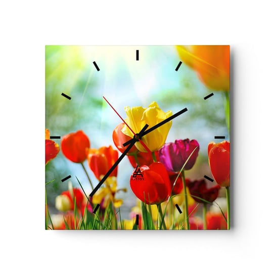 Zegar ścienny - Wszystkie barwy słońca - 40x40cm - Tulipany Kwiaty Łąka - Kwadratowy zegar ścienny - Nowoczeny Stylowy Zegar do salonu do kuchni - Cichy i Modny zegar ARTTOR