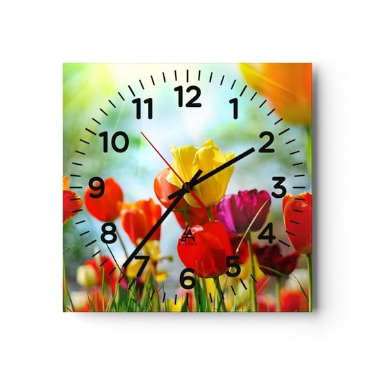 Zegar ścienny - Wszystkie barwy słońca - 40x40cm - Tulipany Kwiaty Łąka - Kwadratowy zegar szklany - Nowoczeny Stylowy Zegar do salonu do kuchni - Cichy i Modny zegar ARTTOR