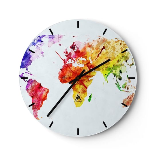 Zegar ścienny - Wszystkie barwy świata - 30x30cm - Mapa Świata Grafika Kontynenty - Okrągły zegar na szkle - Nowoczeny Stylowy Zegar do salonu do kuchni - Cichy i Modny zegar ARTTOR