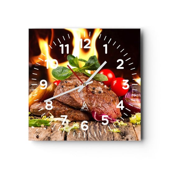 Zegar ścienny - Wyczarowane żarem - 30x30cm - Gastronomia Stek Płomienie Ognia - Kwadratowy zegar ścienny - Nowoczeny Stylowy Zegar do salonu do kuchni - Cichy i Modny zegar ARTTOR