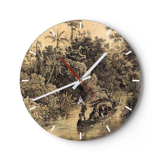 Zegar ścienny - Wyprawa do źródła - 30x30cm - Dżungla Amazonia Tropiki - Okrągły zegar na szkle - Nowoczeny Stylowy Zegar do salonu do kuchni - Cichy i Modny zegar ARTTOR