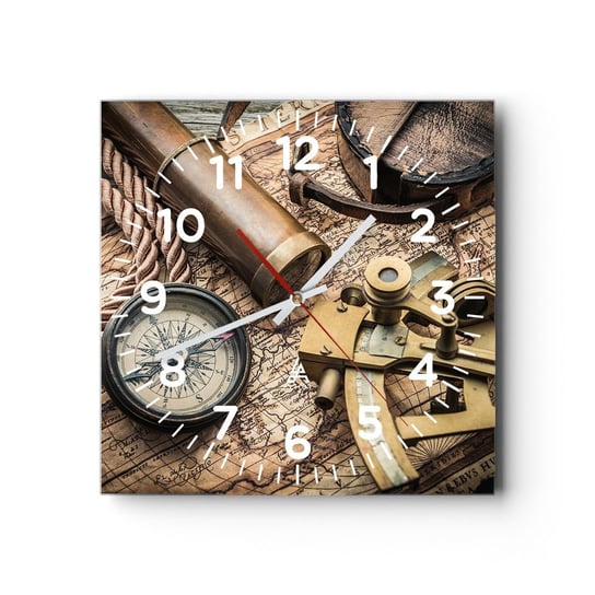 Zegar ścienny - Wyznacz kurs - 40x40cm - Marynistyczne Mapa Świata Kompas - Kwadratowy zegar szklany - Nowoczeny Stylowy Zegar do salonu do kuchni - Cichy i Modny zegar ARTTOR