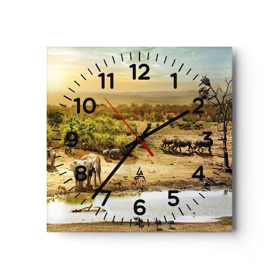 Zegar ścienny - "Z Edenu zaś wypływała rzeka…" - 30x30cm - Sawanna Zwierzęta Afryka - Kwadratowy zegar ścienny - Nowoczeny Stylowy Zegar do salonu do kuchni - Cichy i Modny zegar ARTTOR