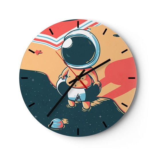 Zegar ścienny - Z innej perspektywy - 30x30cm - Abstrakcja Plaża Astronauta - Okrągły zegar na szkle - Nowoczeny Stylowy Zegar do salonu do kuchni - Cichy i Modny zegar ARTTOR
