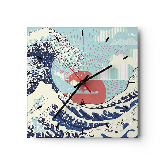 Zegar ścienny - Z japońskich inspiracji - 30x30cm - Abstrakcja Fala Morska Morze - Kwadratowy zegar na szkle - Nowoczeny Stylowy Zegar do salonu do kuchni - Cichy i Modny zegar ARTTOR