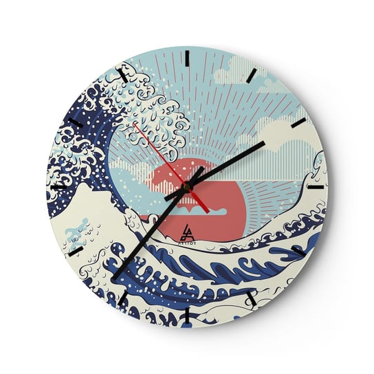 Zegar ścienny - Z japońskich inspiracji - 30x30cm - Abstrakcja Fala Morska Morze - Okrągły zegar na szkle - Nowoczeny Stylowy Zegar do salonu do kuchni - Cichy i Modny zegar ARTTOR