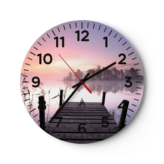 Zegar ścienny - Z liliowej mgły... - 30x30cm - Krajobraz Wschód Słońca Jezioro - Okrągły zegar ścienny - Nowoczeny Stylowy Zegar do salonu do kuchni - Cichy i Modny zegar ARTTOR