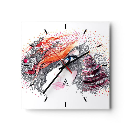 Zegar ścienny - Z nią codziennie jest święto - 30x30cm - Abstrakcja Twarz Kobiety Tort - Kwadratowy zegar na szkle - Nowoczeny Stylowy Zegar do salonu do kuchni - Cichy i Modny zegar ARTTOR