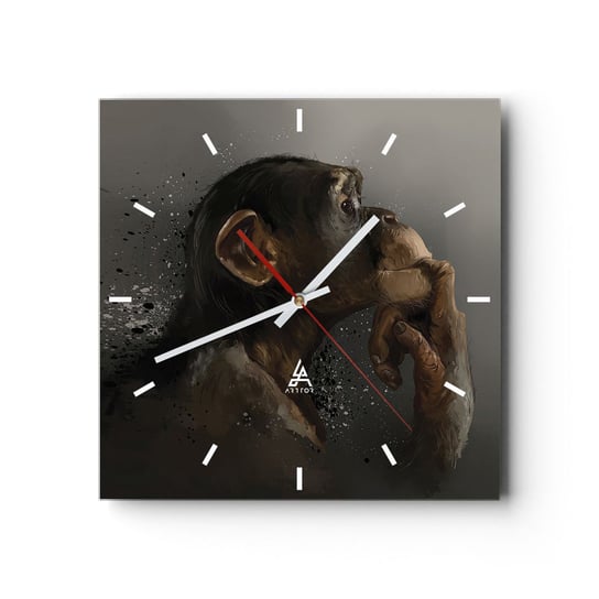 Zegar ścienny - Z pewnością myśliciel - 30x30cm - Zwierzęta Małpa Sztuka - Kwadratowy zegar na szkle - Nowoczeny Stylowy Zegar do salonu do kuchni - Cichy i Modny zegar ARTTOR