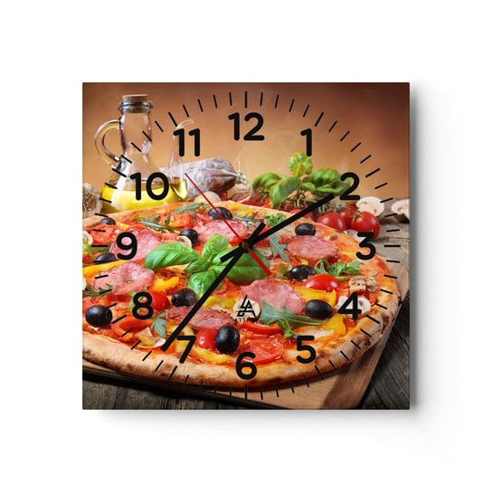 Zegar ścienny -  Z prawdziwie włoskim smakiem - 30x30cm - Gastronomia Pizza Włochy - Kwadratowy zegar ścienny - Nowoczeny Stylowy Zegar do salonu do kuchni - Cichy i Modny zegar ARTTOR