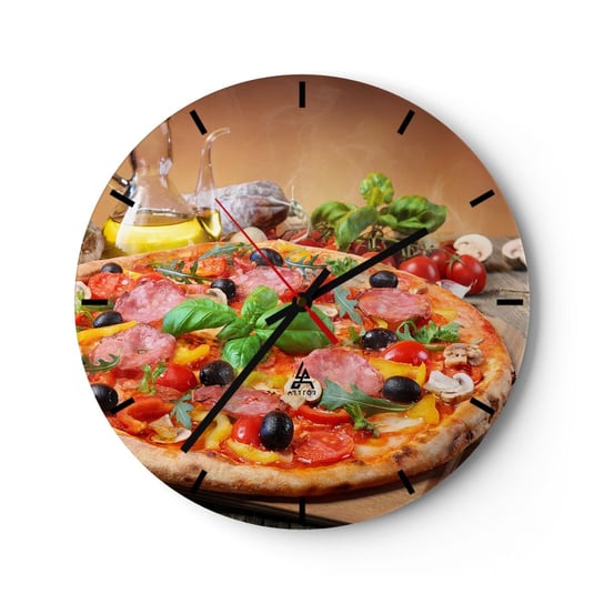 Zegar ścienny - Z prawdziwie włoskim smakiem - 30x30cm - Gastronomia Pizza Włochy - Okrągły zegar na szkle - Nowoczeny Stylowy Zegar do salonu do kuchni - Cichy i Modny zegar ARTTOR