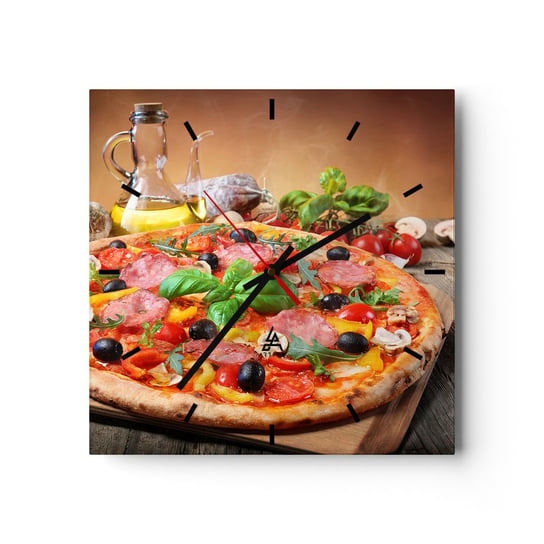 Zegar ścienny - Z prawdziwie włoskim smakiem - 40x40cm - Gastronomia Pizza Włochy - Kwadratowy zegar ścienny - Nowoczeny Stylowy Zegar do salonu do kuchni - Cichy i Modny zegar ARTTOR