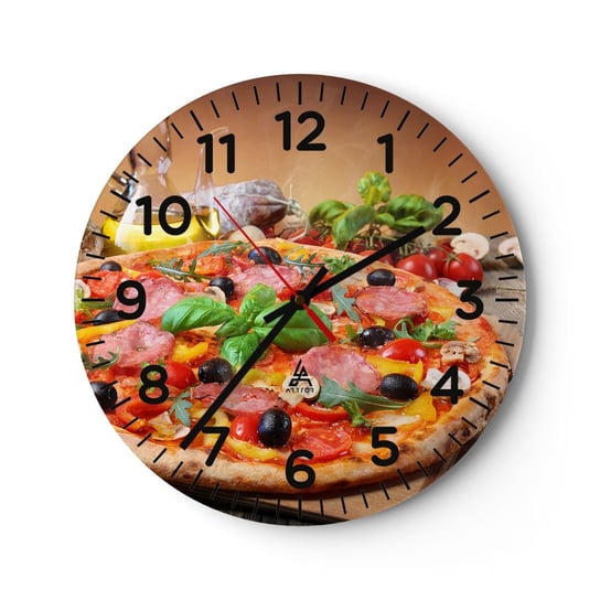 Zegar ścienny - Z prawdziwie włoskim smakiem - 40x40cm - Gastronomia Pizza Włochy - Okrągły zegar szklany - Nowoczeny Stylowy Zegar do salonu do kuchni - Cichy i Modny zegar ARTTOR