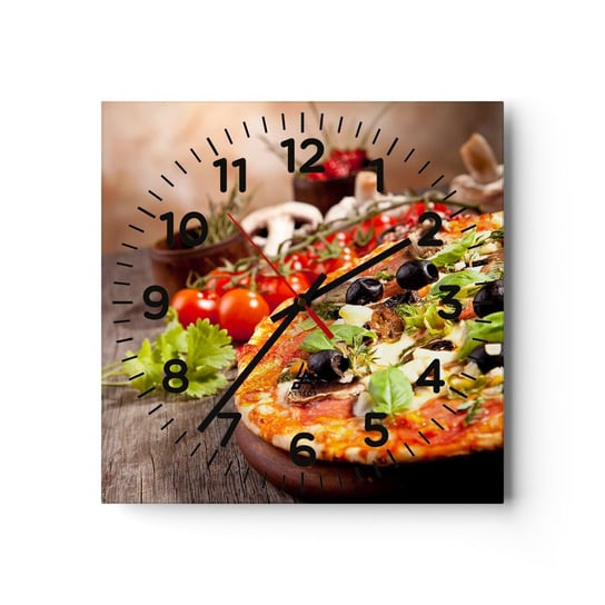 Zegar ścienny - Z tellurycznych ingrediencji - 40x40cm - Gastronomia Pizza Włochy - Kwadratowy zegar szklany - Nowoczeny Stylowy Zegar do salonu do kuchni - Cichy i Modny zegar ARTTOR